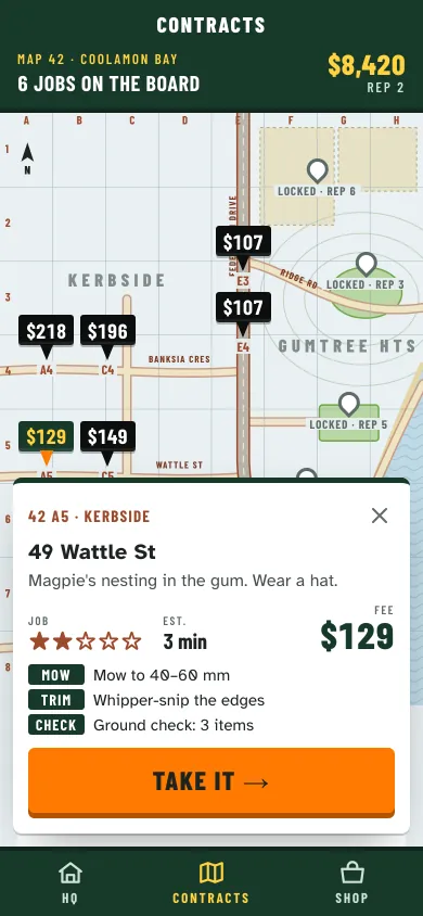 The contract board: a street-directory map of Coolamon Bay with fee tiles on pins, and a card for 49 Wattle St, Kerbside — mow, trim and a ground check, about 3 minutes, $129.