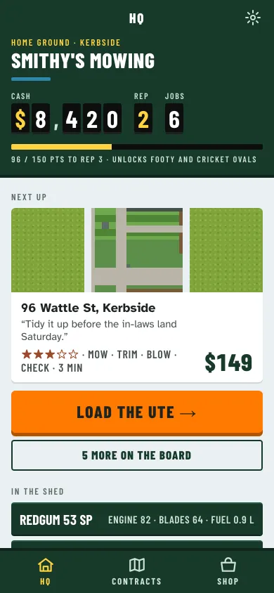 HQ for Smithy’s Mowing: cash, rep and jobs on scoreboard tiles, the next job at 96 Wattle St for $149, and a Load the ute button.