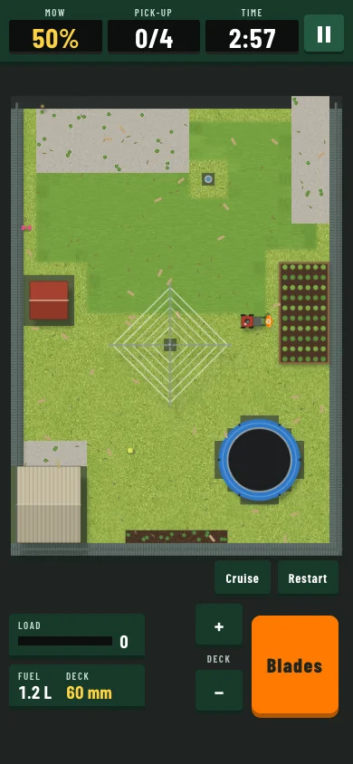 A backyard mid-job from above: half the lawn striped, the rest long, with a Hills hoist, a trampoline and a shed. The scoreboard reads mow 50%, pick-up 0 of 4, time 2:57.