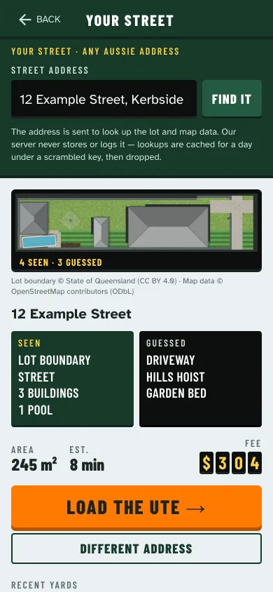 The Your street screen with an example address: a top-down plan of the yard marked 4 seen and 3 guessed, the open-data credits, what was seen (lot boundary, street, three buildings, a pool) and guessed (driveway, Hills hoist, garden bed), and a $304 fee.